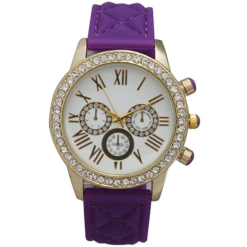 Olivia Pratt Womens Rhinestone Bezel Decorative Dial Purple Quilted Leather Watch 15334