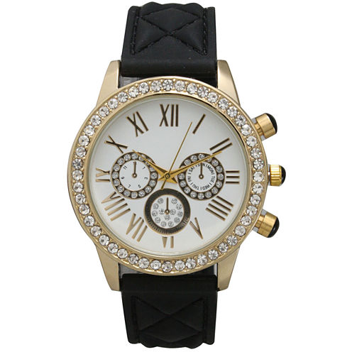 Olivia Pratt Womens Rhinestone Bezel Decorative Dial Black Quilted Leather Watch 15334