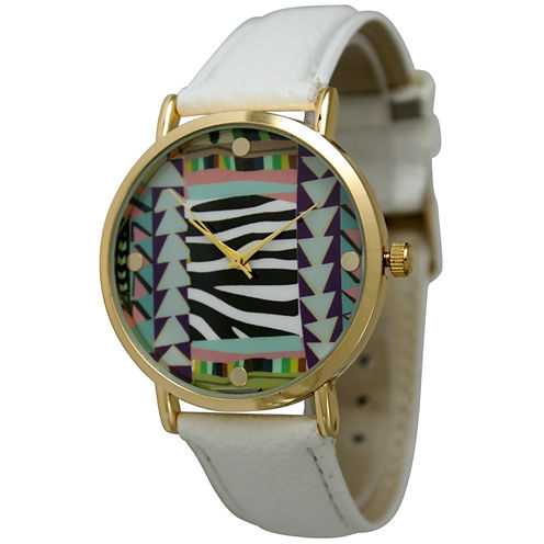 Olivia Pratt Womens Multi-Color Pattern With Gold-Tone Studs Dial White Leather Watch 13628White