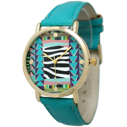 Olivia Pratt Womens Multi-Color Pattern With Gold-Tone Studs Dial Teal Leather Watch 13628Teal