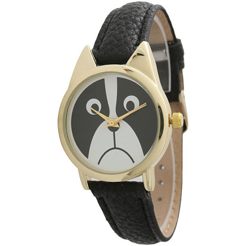 Olivia Pratt Womens Gold-ToneBezel Puppy Dog Dial Black Leather Watch 13152Black Gold