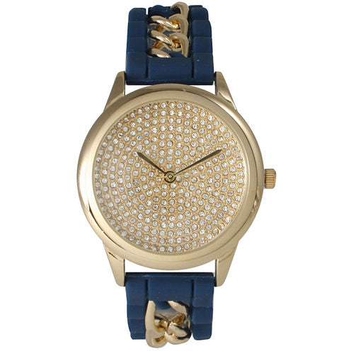 Olivia Pratt Womens Gold-Tone Rhinestone Dial Navy Silicone Band With Chainlink Accents Watch 8213