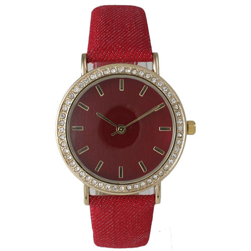 Olivia Pratt Womens Gold-Tone Rhinestone Accent Red Denim Faux Leather Strap Watch 14087