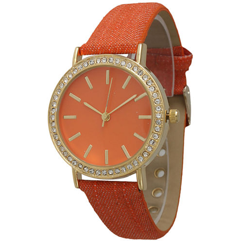 Olivia Pratt Womens Gold-Tone Rhinestone Accent Orange Denim Faux Leather Strap Watch 14087