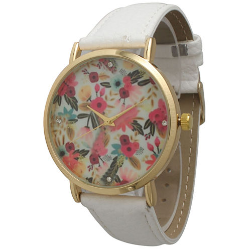 Olivia Pratt Womens Gold-Tone Multi-Color Floral Print Dial White Leather Strap Watch 14181