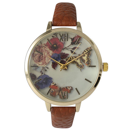 Olivia Pratt Womens Gold-Tone Butterfly And Flowers Print Dial Brown Leather Strap Watch 14962