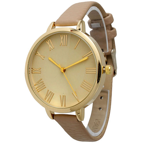 Olivia Pratt Womens Gold-Tone Beige Leather Strap Watch 14095