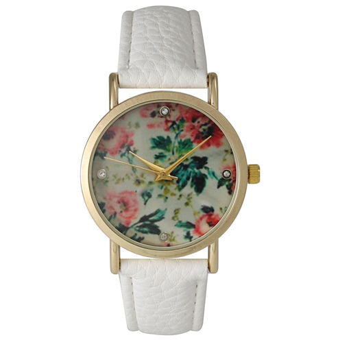 Olivia Pratt Womens Floral Rhinestone Accent Dial White Leather Watch 14977