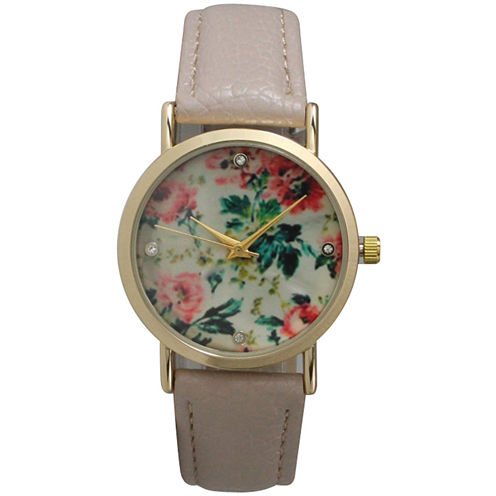 Olivia Pratt Womens Floral Rhinestone Accent Dial Taupe Leather Watch 14977