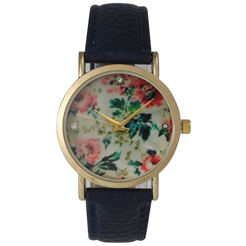 Olivia Pratt Womens Floral Rhinestone Accent Dial Navy Leather Watch 14977