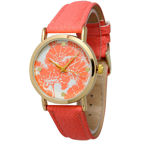 Olivia Pratt Womens Floral Dial Coral Leather Watch 13330Coral