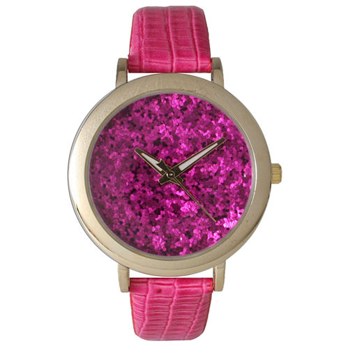 Olivia Pratt Womens Colored Metallic Stone Dial Hot Pink Leather Watch 26359Hot Pink