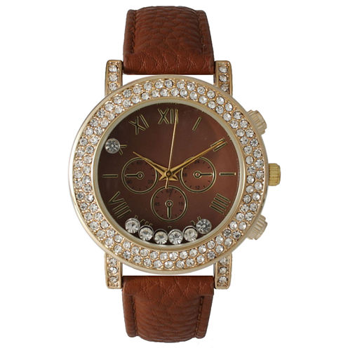 Olivia Pratt Womens Brown Crystal Accent Leather Strap Watch 14798