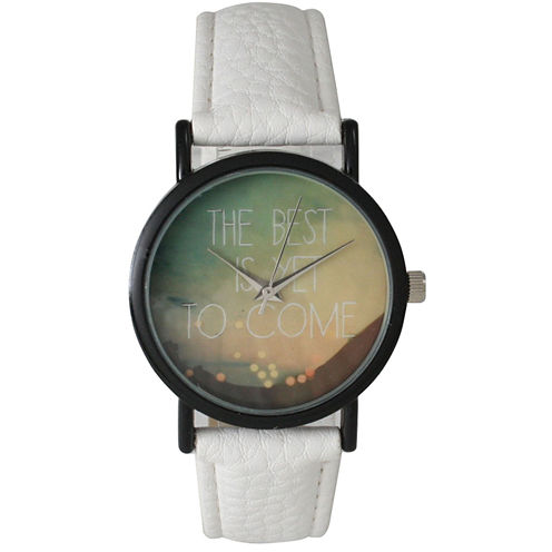 Olivia Pratt Womens Black "The Best Is Yet To Come" Multi-Color Dial White Leather Strap Watch 15117