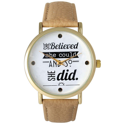 Olivia Pratt Womens "She Believed She Could" Gold Tone Beige Leather Strap Watch 14722