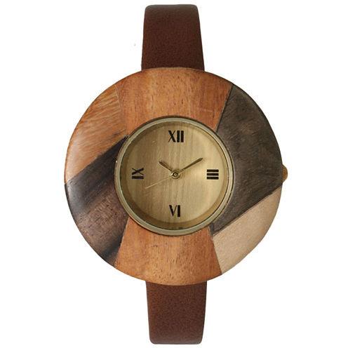 Olivia Pratt Faux Wood Bezel Dark Brown Petite Leather Watch 26265Wdark Brown