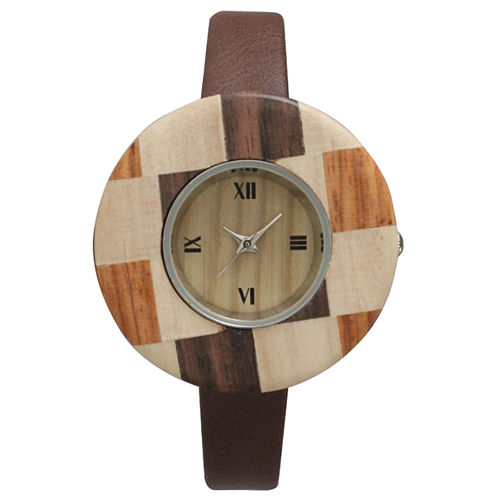 Olivia Pratt Faux Wood Bezel Brown Checker Petite Leather Watch 26265Wbrown Checker