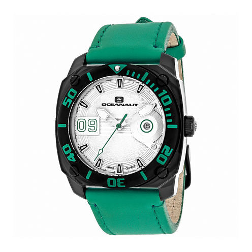 Oceanaut Mens Barletta Silver & Green Leather Strap Watch