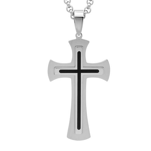 Mens Two-Tone Stainless Steel and Black Resin Fleur de Lis Cross Pendant Necklace