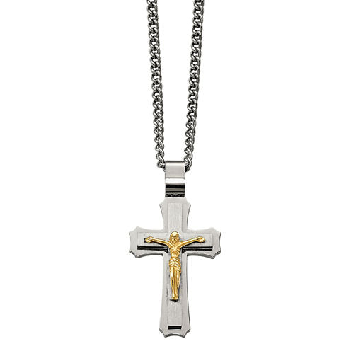 Mens Stainless Steel Yellow Ion-Plated Crucifix Pendant