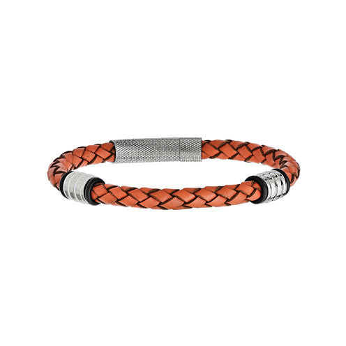 Mens Stainless Steel Orange Leather Bracelet