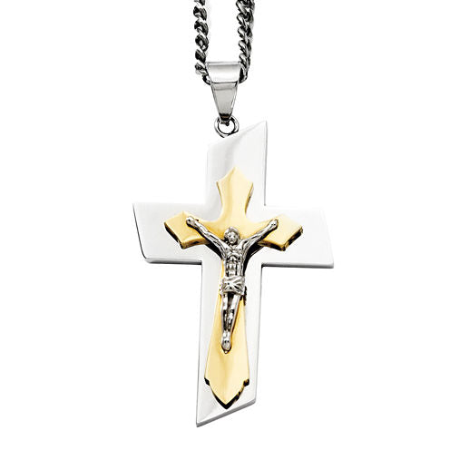 Mens Stainless Steel Gold Ion-Plated Crucifix Pendant