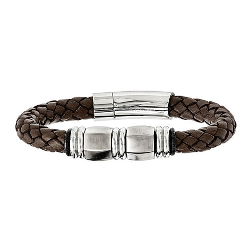 Mens Stainless Steel Brown Leather & Black Rubber Bracelet