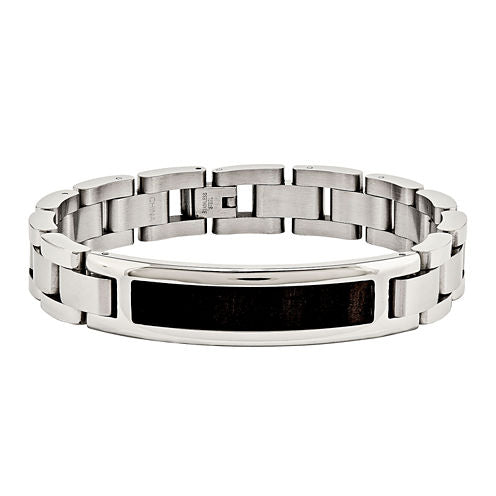 Mens Stainless Steel Black Wood Enameled Chain Bracelet