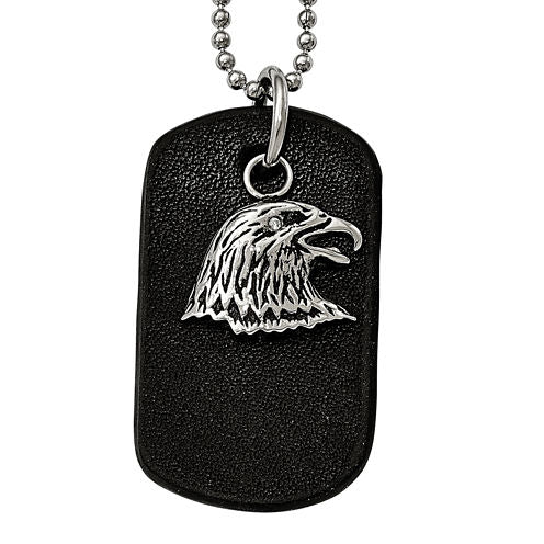 Mens Stainless Steel Black Leather  Eagle Dog Tag Pendant