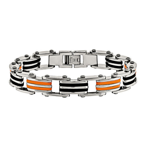 Mens Stainless Steel Black & Orange Rubber Chain Bracelet