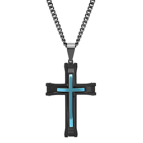 Mens Stainless Steel Black & Blue IP Cross Pendant Necklace