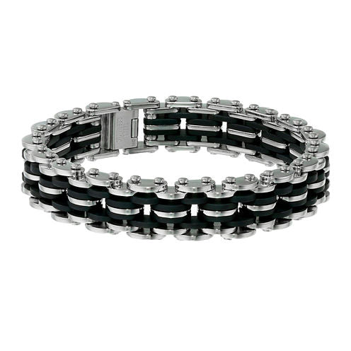 Mens Stainless Steel and Black Rubber Motorcycle Bracelet