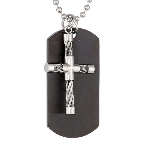 Mens Stainless Steel and Black IP Dog Tag and Moveable Cross Pendant