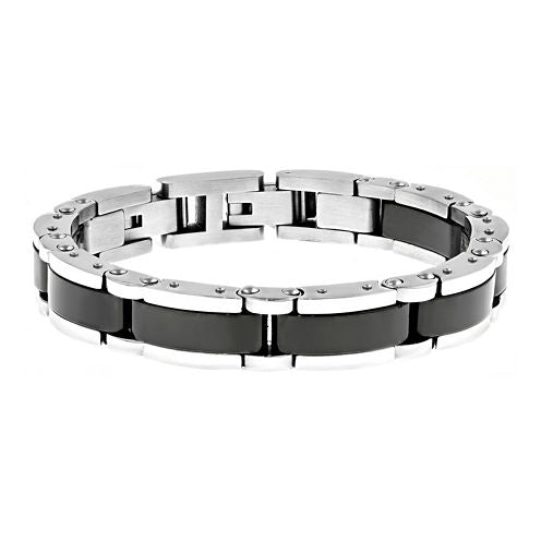 Mens Stainless Steel and Black Ceramic Link Bracelet