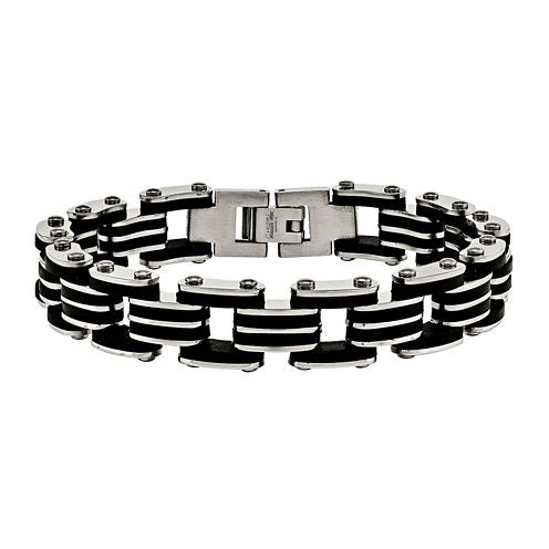 Mens Stainless Steel & Black Rubber Link Bracelet