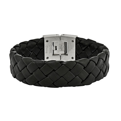 Mens Stainless Steel & Black Leather Chain Bracelet