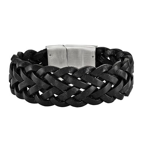 Mens Stainless Steel & Black Leather Bracelet