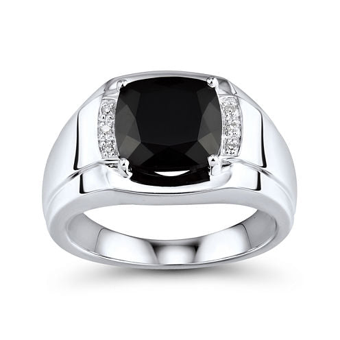 Mens Genuine Onyx and Diamond-Accent Sterling Silver Comfort Fit Ring