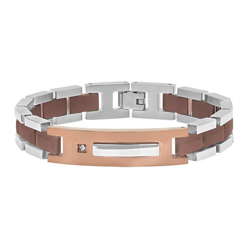 Mens Diamond-Accent Stainless Steel Brown IP ID Bracelet