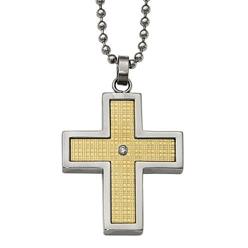 Mens Diamond Accent Stainless Steel & 18K Yellow Gold Cross Pendant