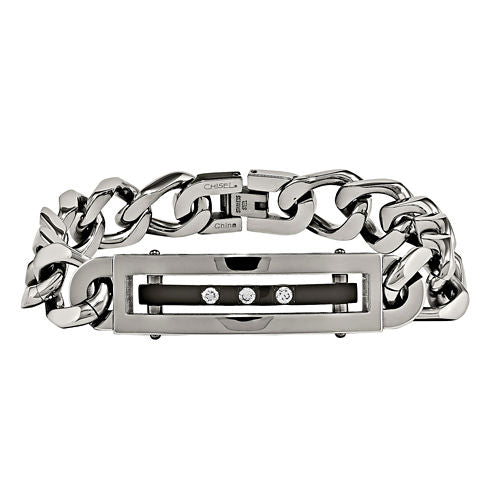 Mens Cubic Zirconia Stainless Steel Black Ip-Plated Chain Bracelet