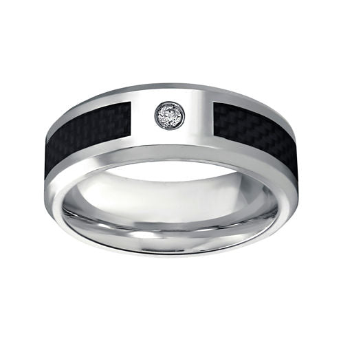 Mens Cubic Zirconia Stainless Steel Band Ring with Carbon Fiber