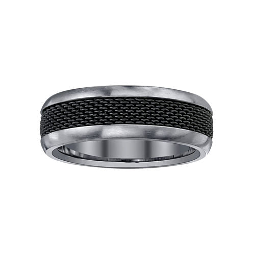 Mens Comfort-Fit Titanium & Black Mesh Ring