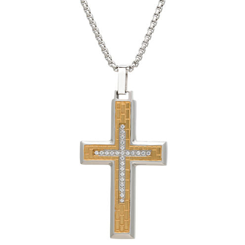 Mens Clear Cubic Zirconia Stainless Steel Cross Pendant Necklace