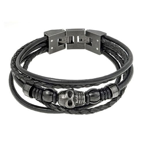 Mens Black Leather and Stainless Steel Skull Bracelet