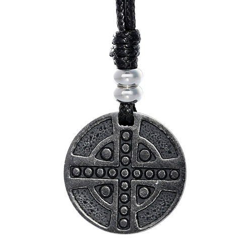 Mens Black IP Stainless Steel Cross Medallion Pendant Necklace on Leather Cord