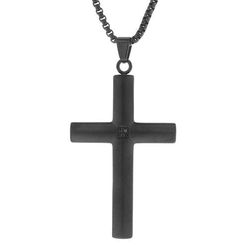 Mens Black Cubic Zirconia Stainless Steel Cross Pendant Necklace