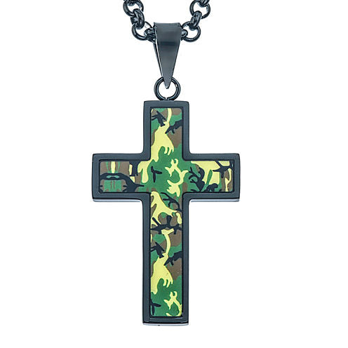 Mens Black and Green Camouflage Stainless Steel Cross Pendant Necklace