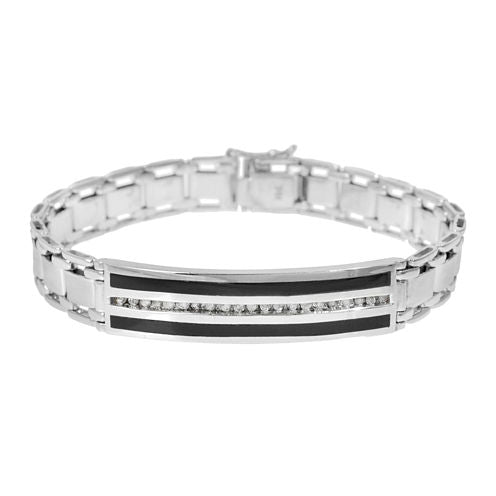 Mens 1/2 CT. T.W. Diamond & Onyx 10K White Gold Link Bracelet