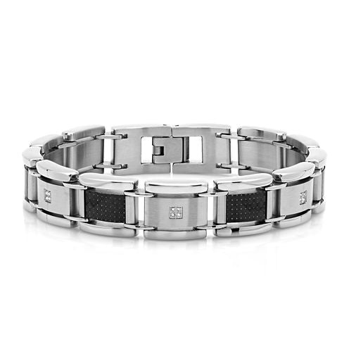 Mens 1/10 CT. T.W. Diamond Stainless Steel and Black Carbon Fiber Link Bracelet